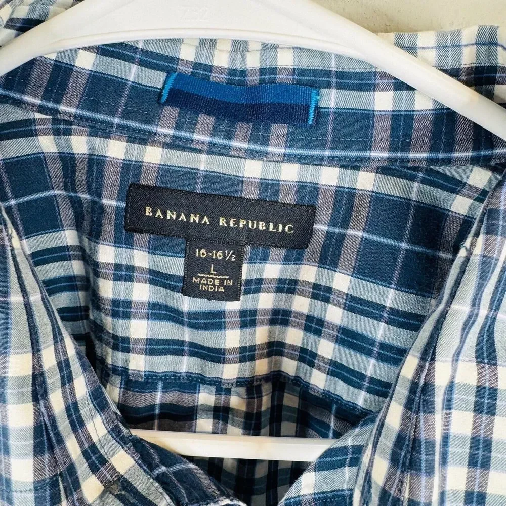 Banana Republic‎ Button Down Shirt Mens Size 16-16.5 Plaid Blue Casual Fall